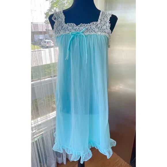 Vintage 60s night dress, blue lined sleeveless nightgown, sheer negligee - Picture 1 of 8